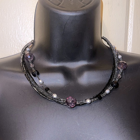 Vintage Purple Black Multi Strand Beaded Layer Necklace - Picture 2 of 11
